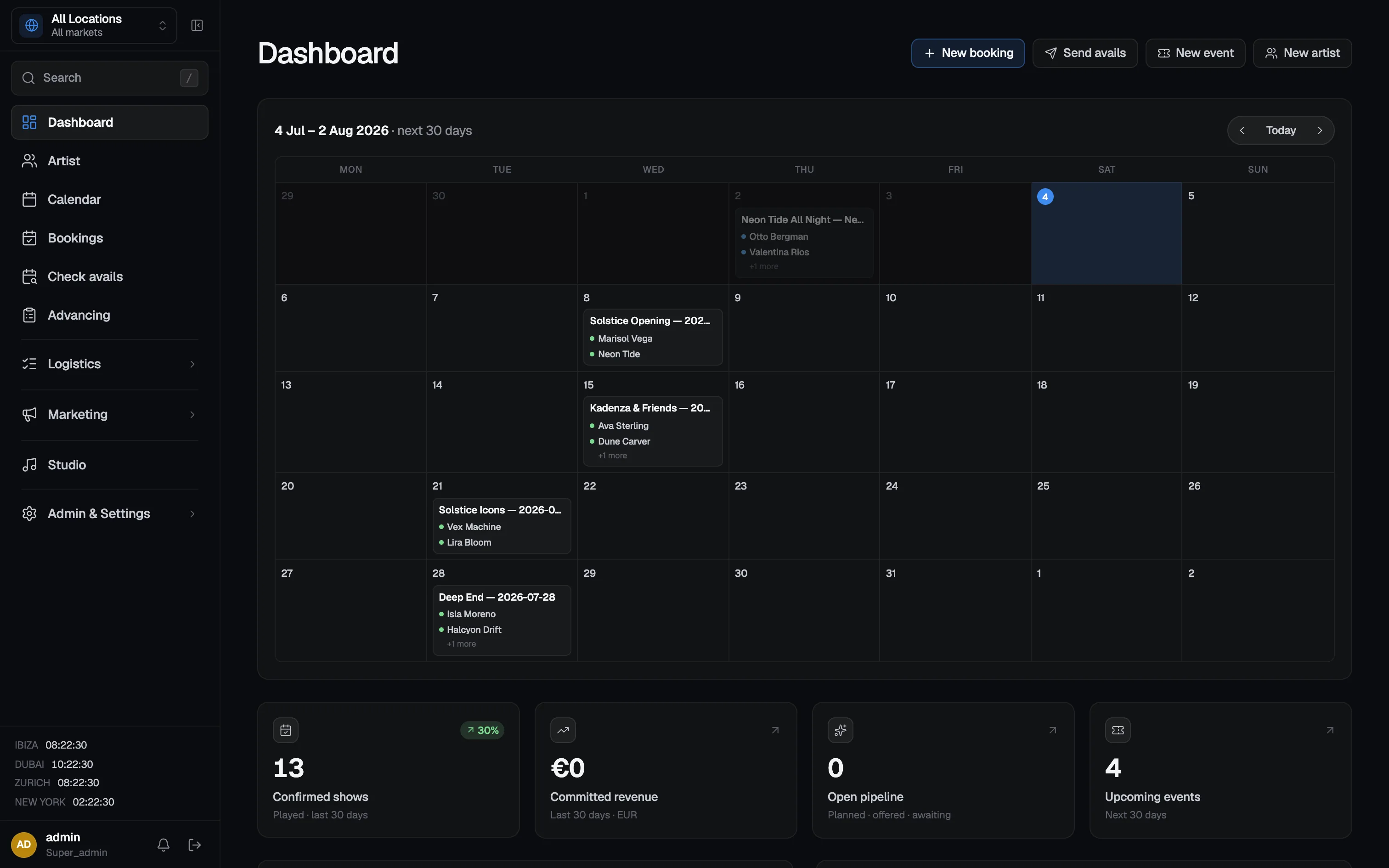 Dealstage command center: a 30-day event calendar with artist lineups and KPI tiles for confirmed shows, committed revenue, open pipeline, and upcoming events.